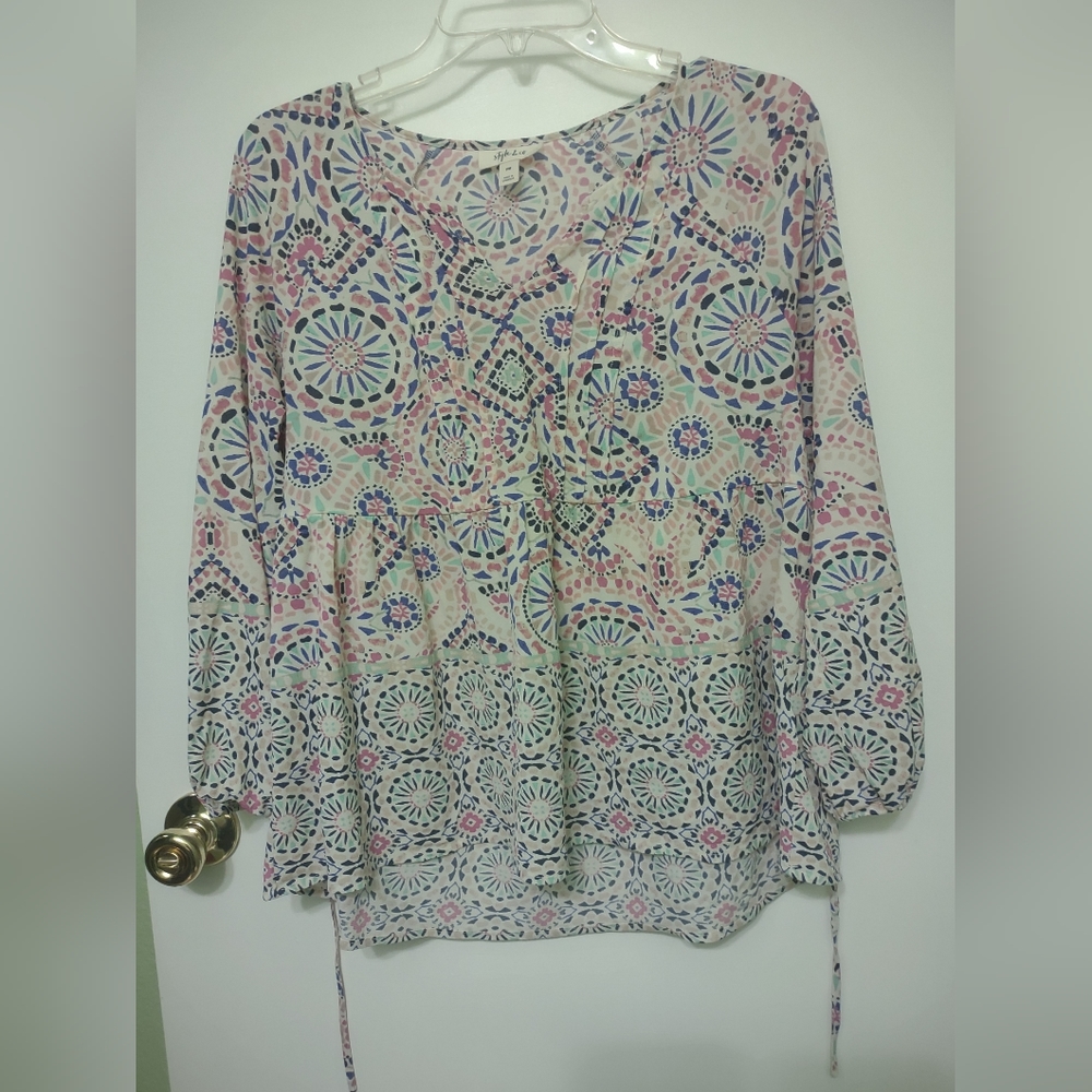 Style & Co Geometric Multicolor Mom Flowy Babydoll Sheer Nylon Tie Blouse MP